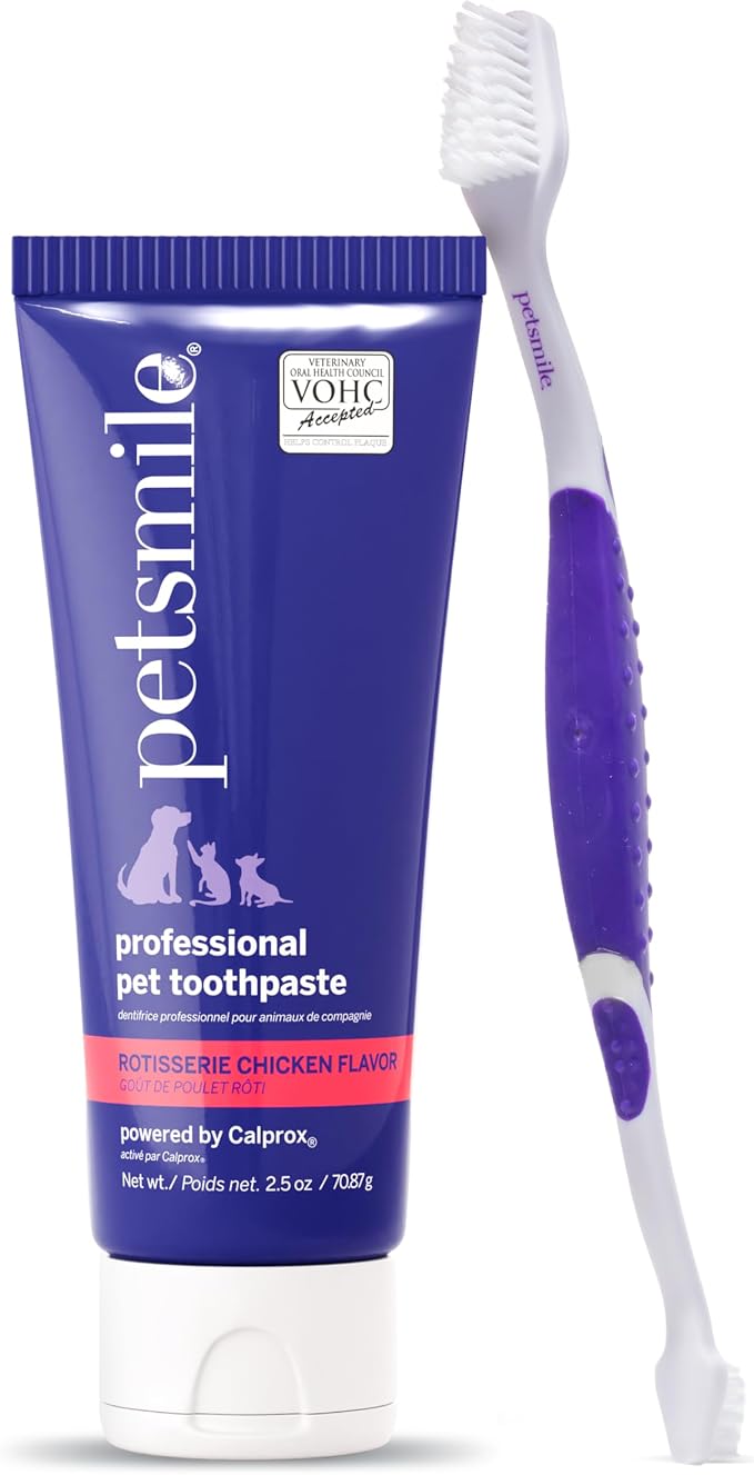 Petsmile Professional Pet Teeth Brushing Kit for Cats & Dogs - VOHC Accepted Toothpaste & Patented Toothbrush - Proven to Control Plaque & Tartar Calprox Formula (Rotisserie Chicken, 2.5 Oz)