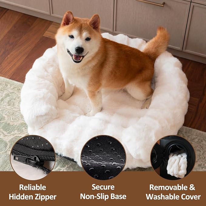 Dog Bed Couch Sofa for Small Medium Dogs Cats 30x30x9 Round White | Round Plush, Orthopedic, Washable, Removable Cover, Anxiety Relief