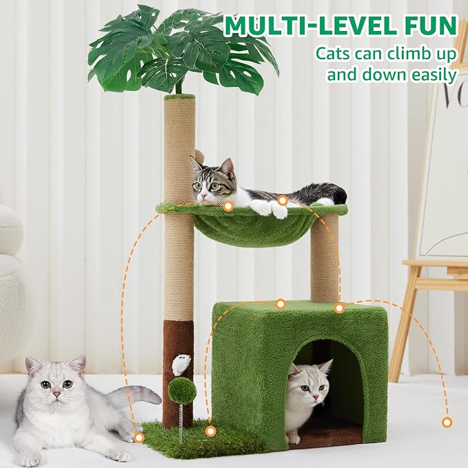 WOOCHPET Palm Tree Cat Tree 37 Inch Scratching Post Tower Tropical Jungle Playground with Natural Jute Sisal Rope Cozy Plush Hammock Private Cave Condo Toy Mouse Stable Faux Grass Base