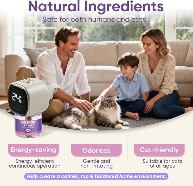 Cat Calming Diffuser Kit with Timer And Memory Adjustable 4/8/12/24H Cat Pheromone Diffuser 3-Pack (48ml Each) Helps Reduce Stress, Spraying, Fighting, Excessive Meowing & Scratching Fits All Cats