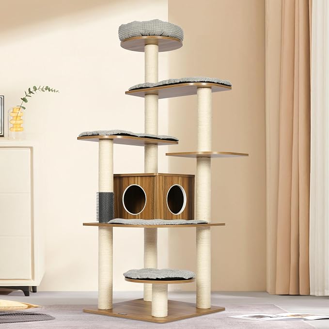 Solid Wood Cat Tree, 69” Large Tall Cat Tower Multi-Level Platforms with Sisal Scratching Posts, Cat Tree for Large Cats 20 lbs Heavy Duty, Cat Condo Furniture for Active Cats