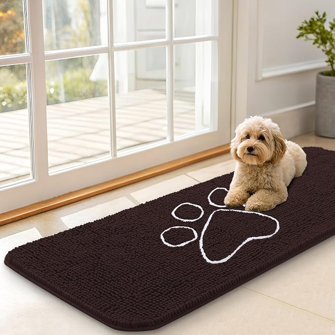 OLANLY Dog Door Mat for Muddy Paws 47x17, Paw Print Design Chenille Mud Mat | Brown, Absorbent, Traps Moisture and Dirt, Non-Slip Washable Doormat, Quick-Drying Indoor Entryway Floor Carpet for Dogs