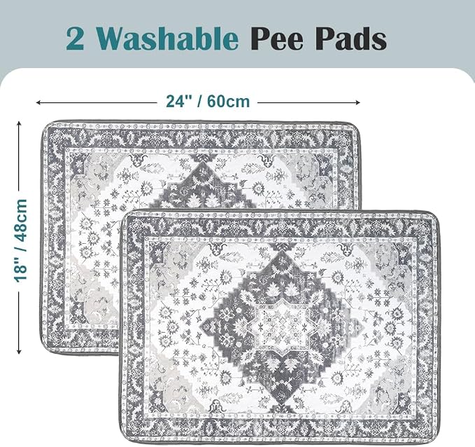 Washable Pee Pads for Dogs, 2 Pack Reusable Puppy Training Pads 24"x18" Super Absorbent Waterproof Dog Training Pads, Non-Slip Potty Pads, Whelping Pads Litter Mat Light Grey Medallion