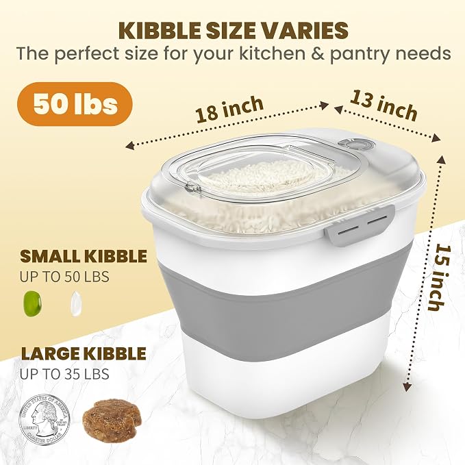 HOYTAMDAR 50Lbs Collapsible Rice Container,Airtight Food Storage container | Rice Storage Container with Clear Lid,Wheel,Date Tracker,2pcs Bins&Measuring Scoop,Rice Dispenser for Pet Food Rice Flour