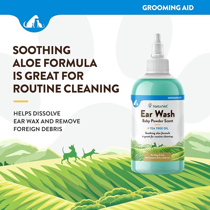 NaturVet Ear Wash with Tea Tree Oil Aloe & Baby Powder Scent | 8 oz
