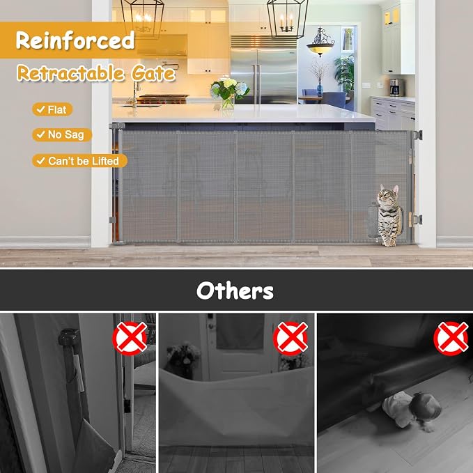 Reinforced 90” Extra Wide Retractable Dog Gate with Cat Door 33 Inch Tall Retractable Pet Gates for Wide Openings Mesh Baby Gate with Cat Door Long Gates for Kids or Pets with Reinforced Strips, Gray
