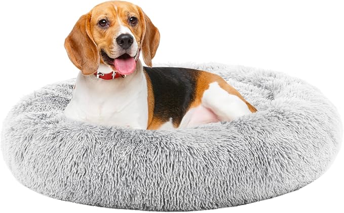 DUMOS Donut Dog Beds for Large Dogs, 37.4x37.4 Inch Machine Washable Cuddler Warming Cozy Fluffy Faux Fur Plush Round Pet Bed, Anti-Slip Bed for Indoor Dogs and Cats, Grey