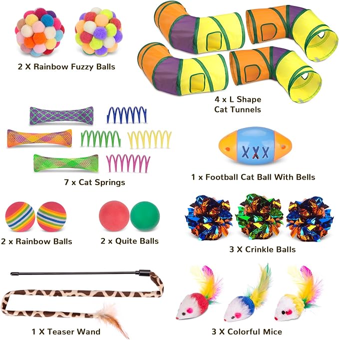 Retro Shaw Interactive Cat Toys Packs, 25Pcs | 4Pcs Collapsible Tunnel, 21Pcs Kitten Toys Bundle