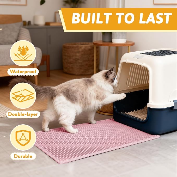 Pieviev Cat Litter Mat, Double-Layer Waterproof Litter Trap, 24" x 15" Pink | Honeycomb Design Catches Scattered Particles to Stop Tracking, Urineproof Base Protects Floors, Easy to Clean
