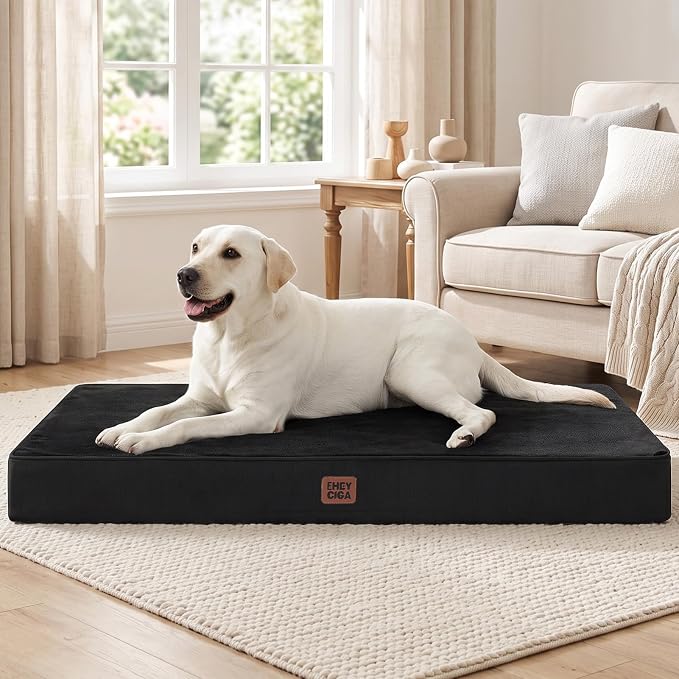 EHEYCIGA Large Memory Foam Dog Crate Bed Washable, 35x23Inch, Black | High Density Egg Crate Foam, Waterproof Liner, Removable Easy Clean Cover, Non-Slip Bottom, Fits Crate, Floor and Sofa