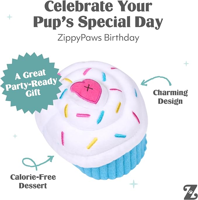 ZippyPaws Birthday Cupcake- Dog Squeaky Toys to Keep Them Busy, Funny Food Plush for Small, Medium, & Large Dogs, Cute Stuffed Puppy Toy, Pet Products, Gift for Dogs of All Breeds, Soft & Cuddly- Blue