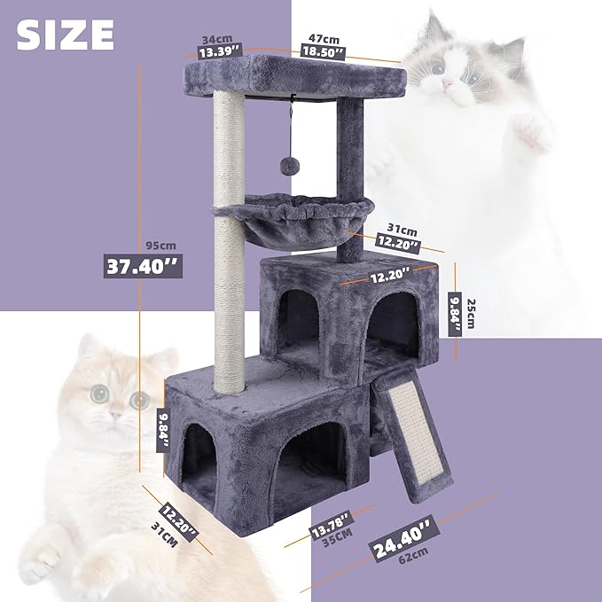AIWIKIDE Cat Tree Has Scratching Toy with A Ball Activity Centre Cat Tower Furniture Jute-Covered Scratching Posts (Grey, 37.4'')