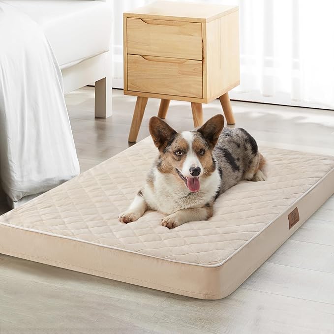 WNPETHOME Orthopedic Waterproof Large Sized Senior Dogs Bed for Comfy Sleep | Washable Ped Bed with Removable Cover, Multi-Needle Quilting Large Dogs Crate Bed for Dog Relax, Beige 36x27 Inch