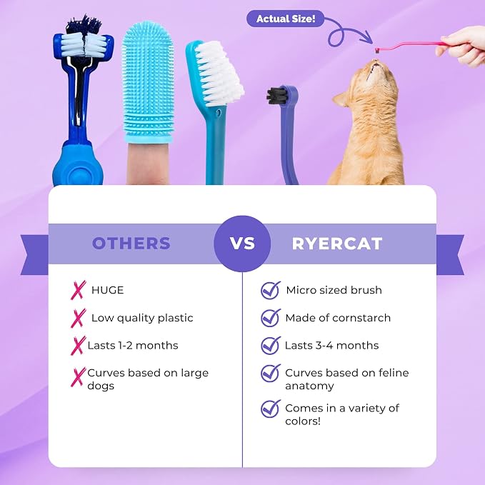 RYERCAT Dual Sided Cat Toothbrush - Kitten Toothbrush with Micro Head for Custom Fit - Cat Dental Care Supplies - Pet Toothbrush for Cats (Amethyst Purple)