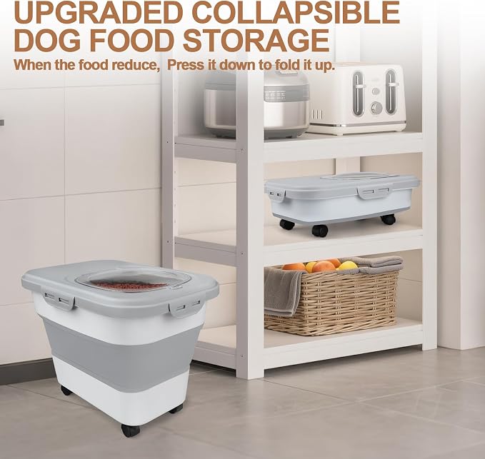 TIOVERY Dog Food Storage Container, 10-20lbs Collapsible Dog Cat Food Containers with Airtight Clear Flip-top，Rolling Wheel and Pet Food Scoop, Pet Food Storage Container Bin for Dog Cat Bird Pets