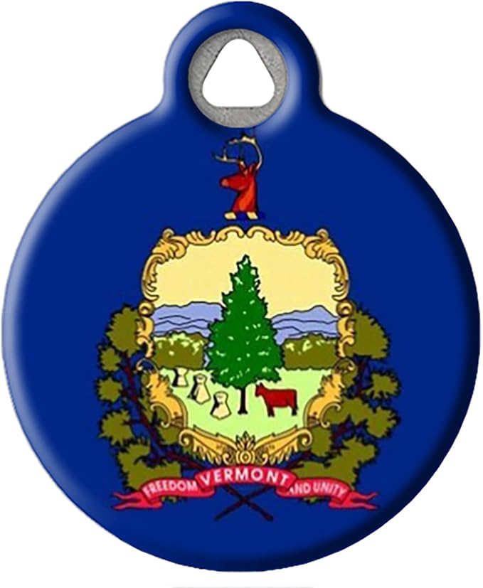 Vermont Flag Personalized Pet ID Tag for Dogs and Cats, Silent Polymer Coated Stainless Steel Vermonter Flag Nametag with Customized Identification Information - Large 1.25" Diameter