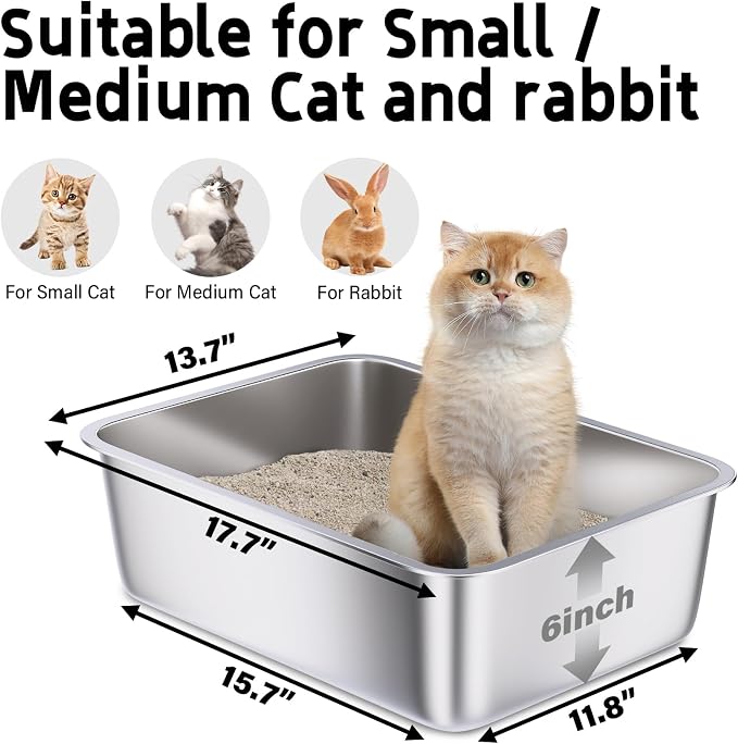 Stainless Steel Litter Box, 18"x14"x6"(Height) Medium Metal Cat Litter Box Easy Clean, Non Stick Litterbox No Smell for Cats or Kitty, Rabbits