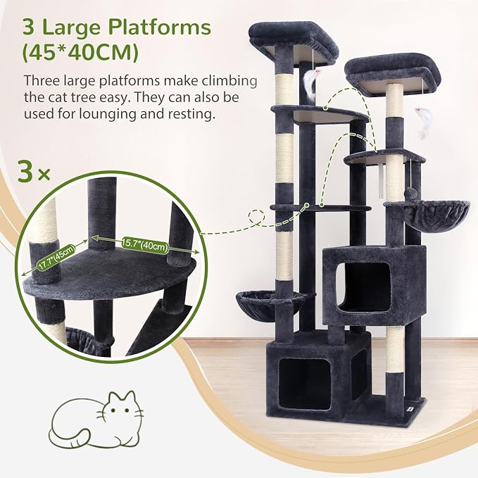 Globlazer S74E Pro Heavy Duty Maine Coon Cat Tree for Large Cats, Dark Grey | 74in Sturdy Multi-Level Tall Cat Tree Tower for Indoor Adult Cats with Scratching Posts, 2 Cat Condos, 2 Top Perches