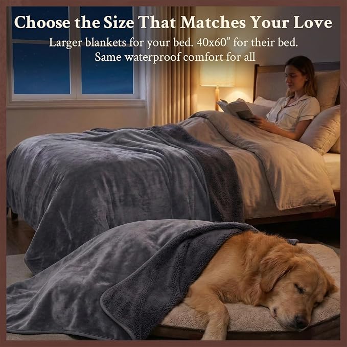 Waterproof Blanket for Couch, Sofa, Pets- Plush Water Proof Throw Blanket to Protect Furniture, Stain Resistant, Leak-Proof, Double-Sided, Reversible Flannel & Sherpa Fleece, Grey, 40"x60"