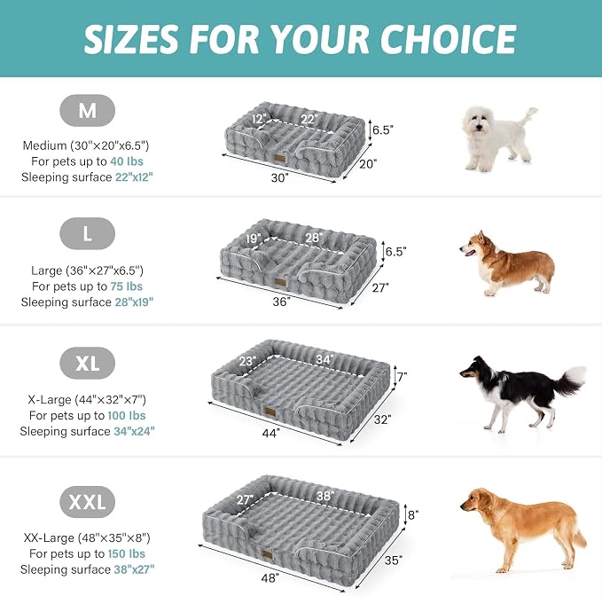 COZY KISS Orthopedic Dog Bed for Large Medium Size Dog, Soft and Warm Faux Fur Sofa for Pet Up to 75 lbs, Foam Bolster Anti-Slip Couch with Washable Removable Cover, L 36x27x6.5 inch, Grey