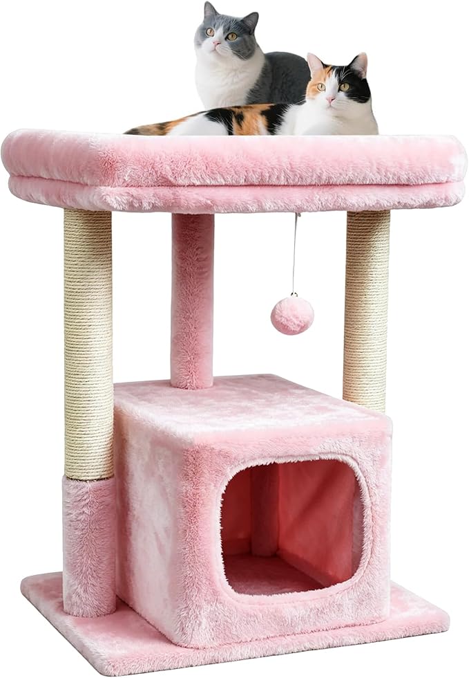 SYANDLVY Small Cat Tree for Indoor Cats Large Adult, 27" Activity Tower with Scratching Posts, Modern House with Padded Perch, Kittens Condo, Cat Cave, Pink