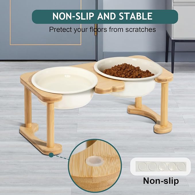 Elevated Ceramic Dog Bowl with Stand, Raised Food and Water Feed Set, Beige | Pet Dishes For Small and Medium Breeds, 6.9" Wide Double Modern Porcelain Bowls, 6.3" High Wooden Stand, Non-Slip, 28Oz/800ML