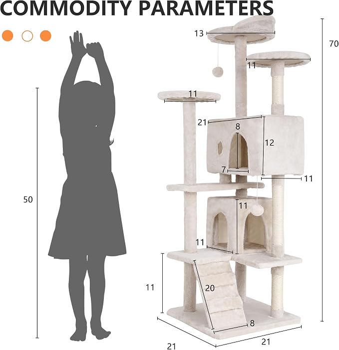 BestPet | 70" Cat Tree Tower | Beige | Sturdy Multi-Level Cat Tree | with Plush Condo, Cozy Perch, Sisal Scratching Posts, Hanging Toy and Hammock | Easy Assembly | for Kittens & Adult Cats
