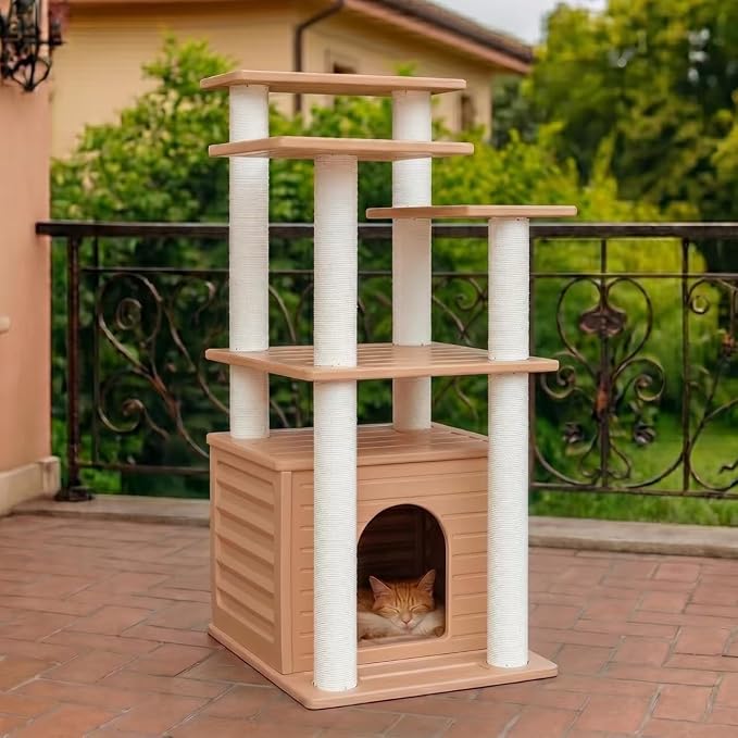 46" Indoor&Outdoor Cat Tower,Weatherproof Cat Condo with Scratching Posts | Khaki Cat Apartment with Waterproof PE Panels&PVC Tubes,Equipped with Polypropylene Scratching Ropes,Sturdy and Durable CTT-9