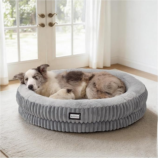 BALANCE Donut Dog Bed, 36 Inches Round Dog Bed Large Size Dogs Washable, Orthopedic Calming Dogs Beds for Kitten, Fluffy Plush Faux Fur Pet Bed with Anti-Slip Bottom