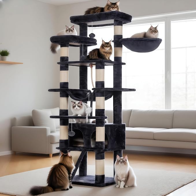 Heybly Tall Cat Tree 78-inch Multi-Level Cat Tower for Indoor Cats HCT033G | Cat Condo with 2 Widened Plush Perches, Multi-Level Cat Furniture with Scratching Board, Big Caves, Smoky Gray