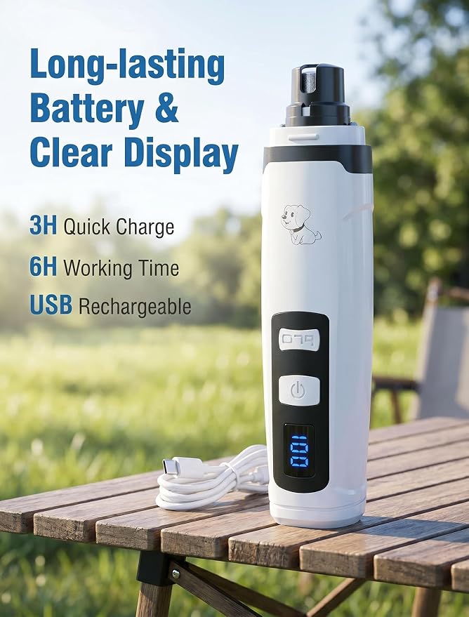 Quiet Dog Nail Grinder, 2-Speed with Light | Quiet <45dB, Dual LED Lights, 6H Battery, 3 Ports + 2 Speeds, For Dogs & Cats, USB Rechargeable, Gift for Pet Lovers