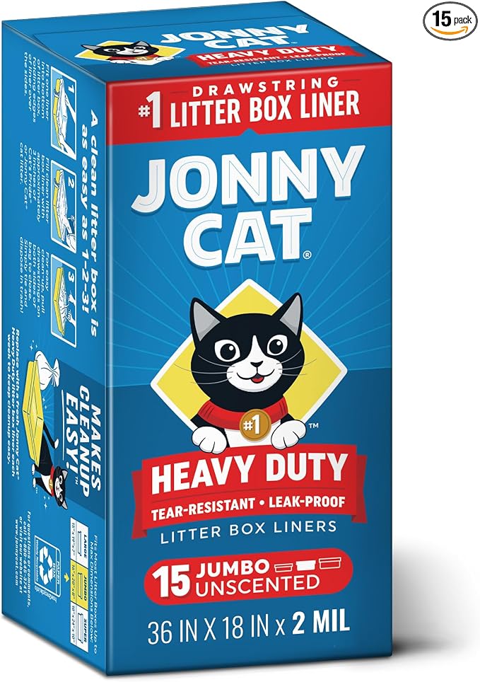 Jonny Cat Litter Box Liners: Heavy Duty - Tear & Leak Resistant - Drawstring Close - Jumbo, 15 Count