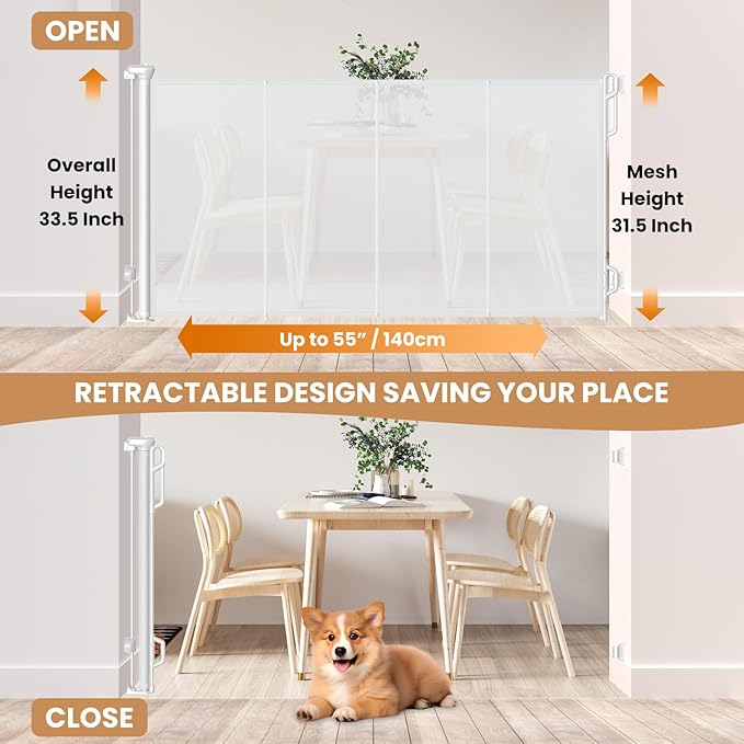 SPACEANY Reinforced Retractable Baby Gate or Mesh Dog Gate,Easy to Use for Stairs, Doorways, Hallways, Indoor, Outdoor, Wide Pet Gate 33.5" Tall, Extends to 55" Wide, White