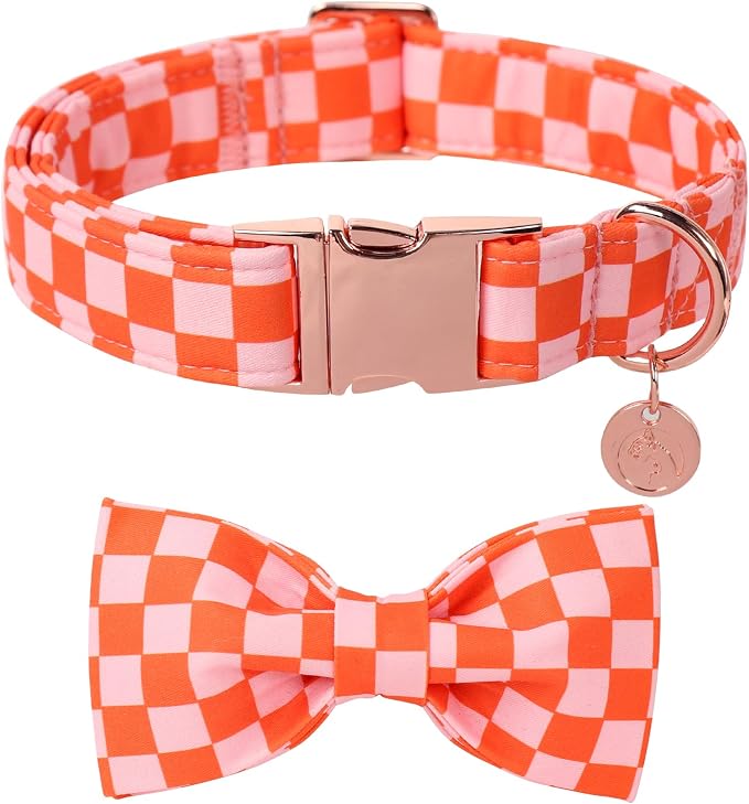 DOGWONG Orange Pink Plaid Dog Collar with Bow - Adjustable and Comfortable Autumn Dog Collar Fall Necklace for Large Medium Small Pet,M