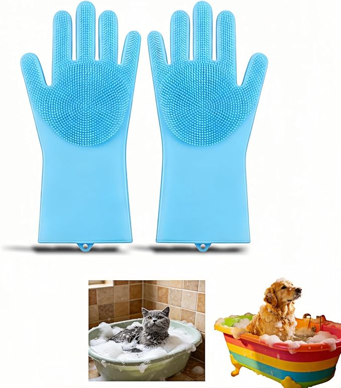 Silicone Dog Grooming Glove for Dogs and Cats, Enhanced Five-Finger Fit, Non-Slip & Extended Cuff, Dual-Sided Pet Bath Brush for Washing, Massage & Deep Cleaning 1 Pair (Blue)