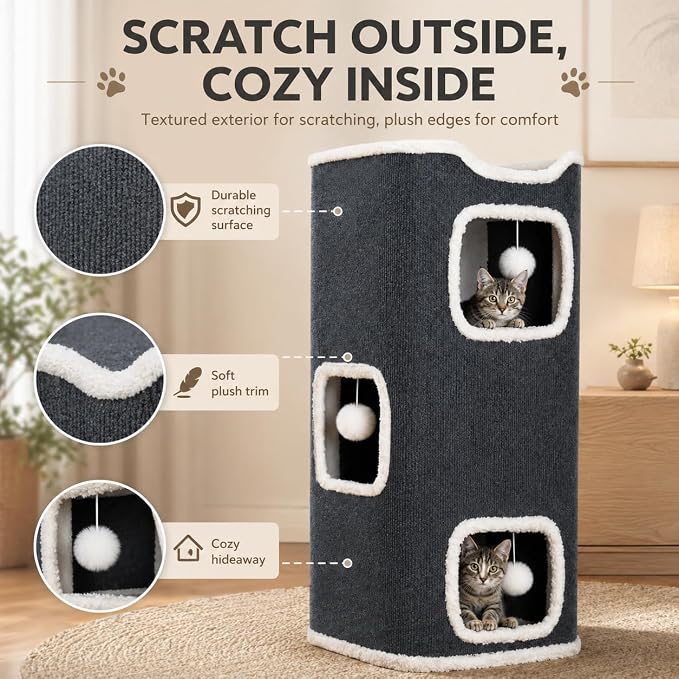 Three-Tier Cat Tree for Indoor Cats, Multi-Level Cat Tower with Cat Hideaway, Soft Cat Bed, Interactive Toy Ball & Scratching Posts, Space-Saving Cat Furniture for Apartments (L)