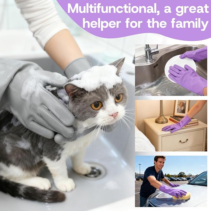 2-Pair Pet Hair Remover Glove for Dogs and Cats Washing, Grooming, & Deshedding – Multipurpose Silicone Dog Bath Gloves, Cat Brush Glove Mitt for Pet Cleaning & Household Use (Purple & Grey)