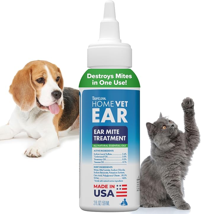 TropiClean HomeVet Ear Mite Treatment for Dogs & Cats, Made in USA, 2oz