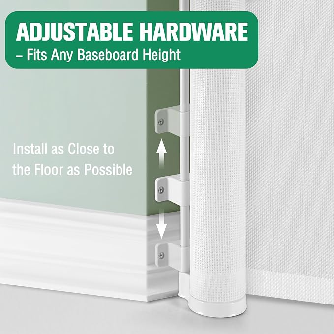 Reinforced 50" Wide Retractable Baby Gates for Doorways, Retractable Dog Gate for Stairs with Support Rods – Prevent Crawling Under, Outdoor Indoor Mesh Baby Gate Retractable Gates for Dogs, White