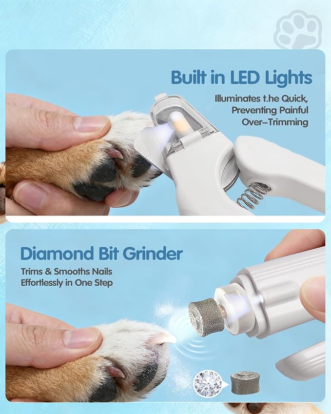 2 in 1 Cat Dog Nail Clippers & Grinder with LED Light, Quiet Rechargeable | Electric Pet Nail Trimmer & Claw Clippers for Large Medium Small Dogs Cats, Splash Guard for Nails, Painless Grooming Kit