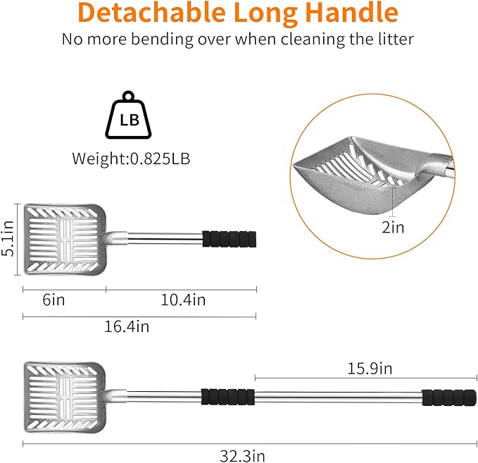 Yangbaga Metal Cat Litter Scoop:Detachable Long Handle Litter Scooper with Deep Shovel,Pooper Scooper Heavy Duty for Litter Box,Stainless Steel Non-Stick Sifter with Foam Padded Grip,No Bending Back