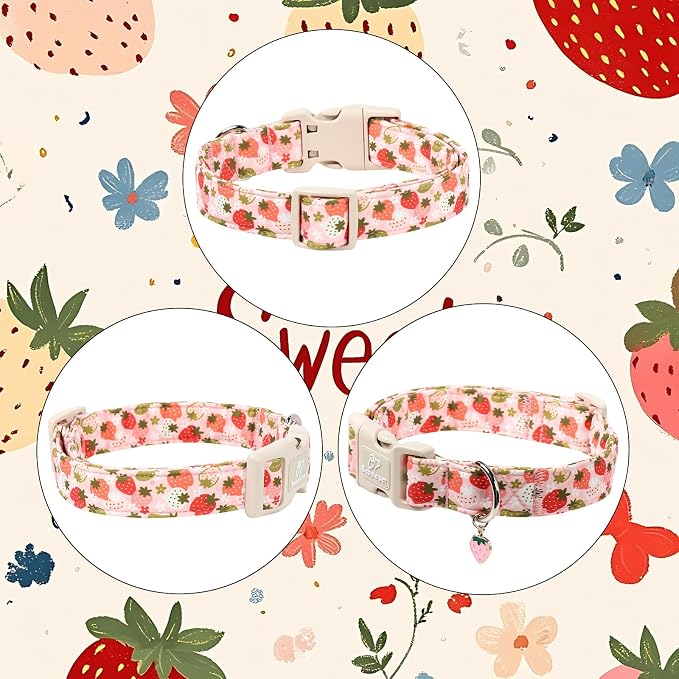 Strawberry Dog Collar for Medium Dogs - Cute Spring Pink Dog Collars, Summer Pastel Puppy Collars, Soft Adjustable Boy Girl Dogs Collar with Quick-Release Buckle M