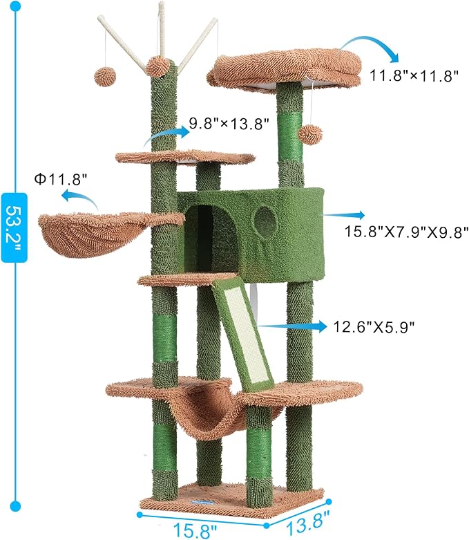 Hey-brother Cat Tree Tower with Padded Platform Bed, Hammock, MPJ019-SCA | 53 Inches Cat House with Large Cozy Condo, Toy Balls and Sisal Scratching Posts for Indoor Multi-Cats, Cactus