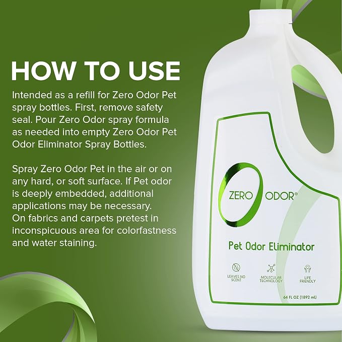 Zero Odor Pet Odor Eliminator Refill for Dog & Cat Urine, Carpet Deodorizer | Enzyme-Free, Urine Smell Eliminator for Pet Beds, Litter Areas & Furniture, No Lasting Scent, 64 FL OZ