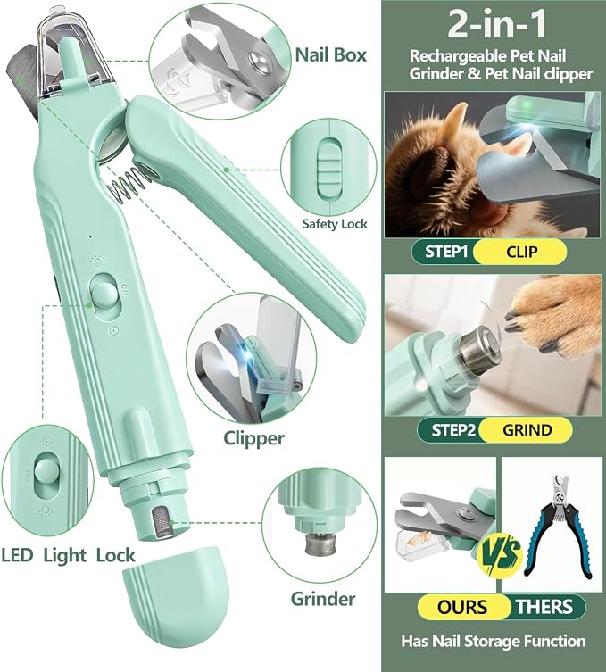 2-in-1 Dog Nail Grinder & Clippers with Dual LED Lights, Electric Pet Nail Trimmer with Safety Guard, USB-C Rechargeable Grooming Tool for Cats and Dogs of All Sizes Green