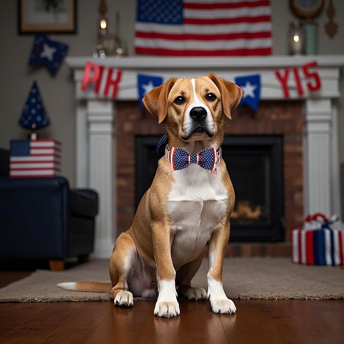 DOGWONG Ameirican Flag Dog Collar with Bow - Independence Bowtie Dog Collars, Adjustable Patriotic Pet Collars 4th of July Dog Collar for Small Medium Large Dogs