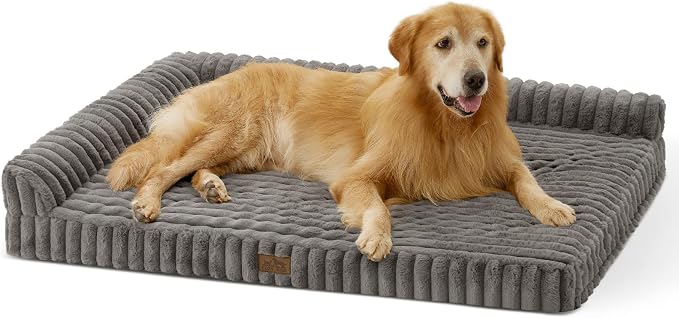 COZY KISS Faux Rabbit Fur Extra Large Dog Bed – 48"x35" Orthopedic Foam Couch with Sides, Removable Washable Cover & Waterproof Lining, Grey