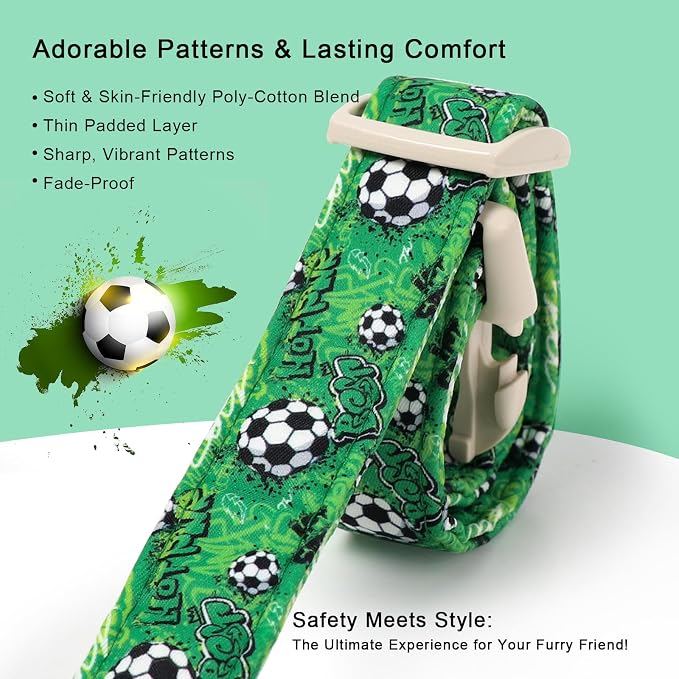 Soccer Dog Collar, Cute Boy Dog Collars for Small Dogs - Green Sports Themed Cotton Male Dogs Collar, Soft Adjustable Daily Pet Collars with Quick Release Buckle S