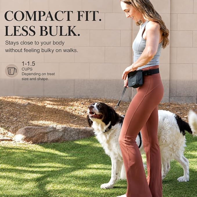 Dog Treat Pouch for Walks & Training, Stylish & Compact Treat Bag | Quick One-Hand Access, 1–1.5 Cup Capacity, Easy-Clean TPU Lining, Magnetic Closure, Rear Pocket for Keys & Essentials