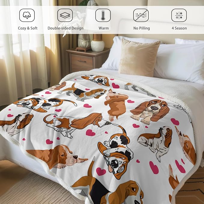 BlessLiving Basset Hound Blanket Queen Size 90x90 Inches - 3D Red Hearts Dog Print Plush & Sherpa Throw, Ultra Soft Cozy Fleece Blanket for Adults, Kids, Pet Lovers, Cute Puppy Gift